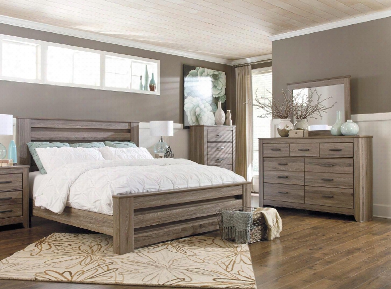 Zelen King Bedroom Set With Poster Bed Dresser Mirror And Chest In Warm