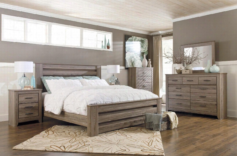 Zelen King Bedroom Set With Poster Bed Dresser Mirror And Nightstand In Warm