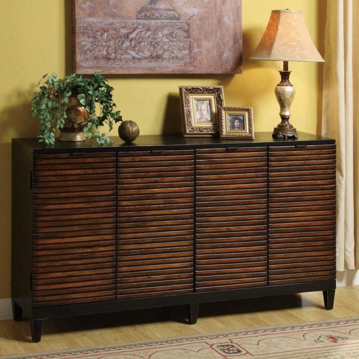 14026 Media/credenza With 4 Doors With Textural Slatted Design Contemporary Door Pullls And Adjustable Shelves In Pecan And