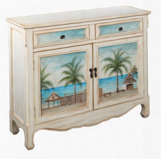 14124 40" Cupboard With Two Drawer Two Door Removable Shelf And Hand-painted Tropical Scenes In Key Largo