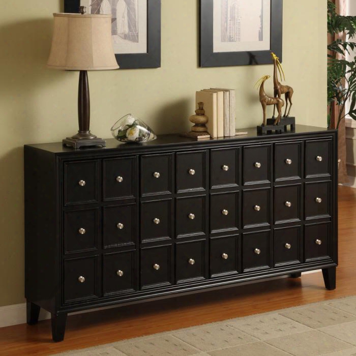 21005 67" Credenza-media Console With Four Doors With Self-correcting European Hinges Brush Nickel Hardware And Adjustable Shelves In Midtown Black