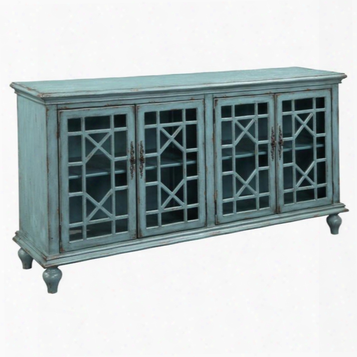 39620 72" Media Credenza With Four Doors Geometric-shaped Chinese Chippendale Fret Work Overlay Ornate Door Pulls And Simple Moldings In Bayberry Blue
