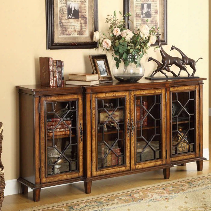 46242 70" Credenza In The Opinion Of 4 Glass Inset Doors Chinese Chippendale Front Move Overlay And Highly Ornate Metal Door Pulls In Cresthill Brown