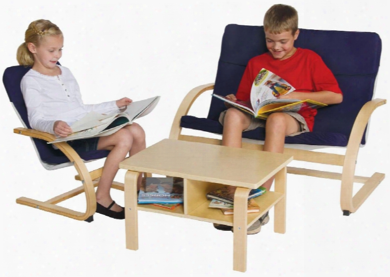 G6494 Nordic Rocker Reading Area Children's Chair In Natural Finish With Blue Canvas Upholstery And Powder-coated Metal