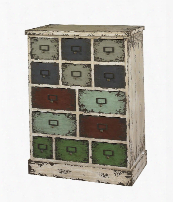 Parcel Collection 990-333 32" 13 Drawer Cabinet With Decorative Hardware And Multicolor Drawer Fronts In Distressed White