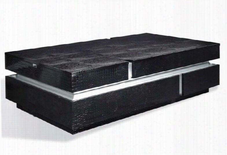 Vgunak881-160 A&x Vdara 63" Wide Bi-layer Coffee Table With Laster Etched Faux Crocodilian Lacquer And Smooth Sliding Drawer Mechanisms In Black