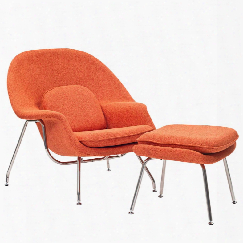 Womb Colletcion Eei-113-ort 38" Lounge Chair With Ottoman Included Stainless Steel Frame Foam Padding And Fabric Upholstery In Orange Tweed