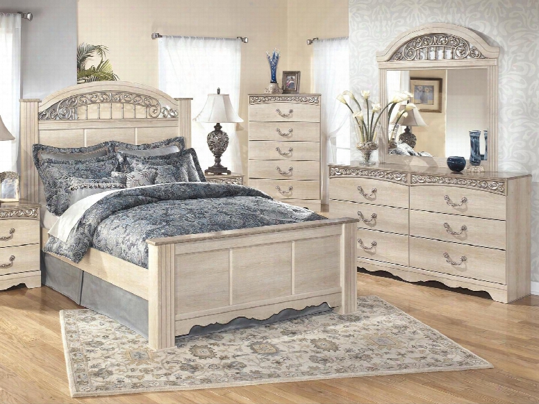Catalina Queen Bedroom Set With Panel Bed Dresser And Mirror In Antique