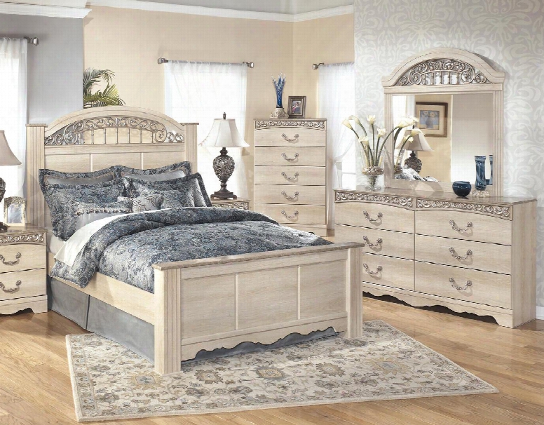 Catalina Queen Bedroom Set With Panel Bed Dresser Mirrora Nd Chest In Antique