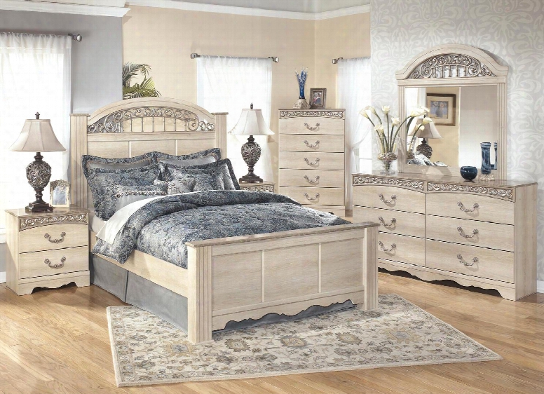 Catalina Queen Bedroom Set With Panel Bed Dresser Mirror And Nigthstand In Antique