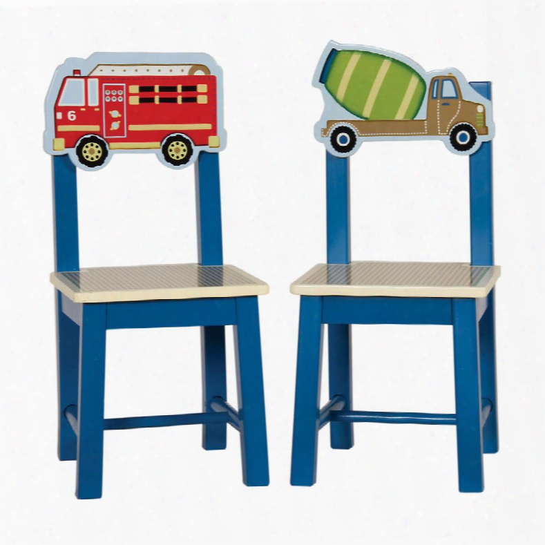 G86503 Moving All Around Extra Children's Chairs (set Of 2) With Colorful Hand Painted Mobile Vehicles Design In Blue