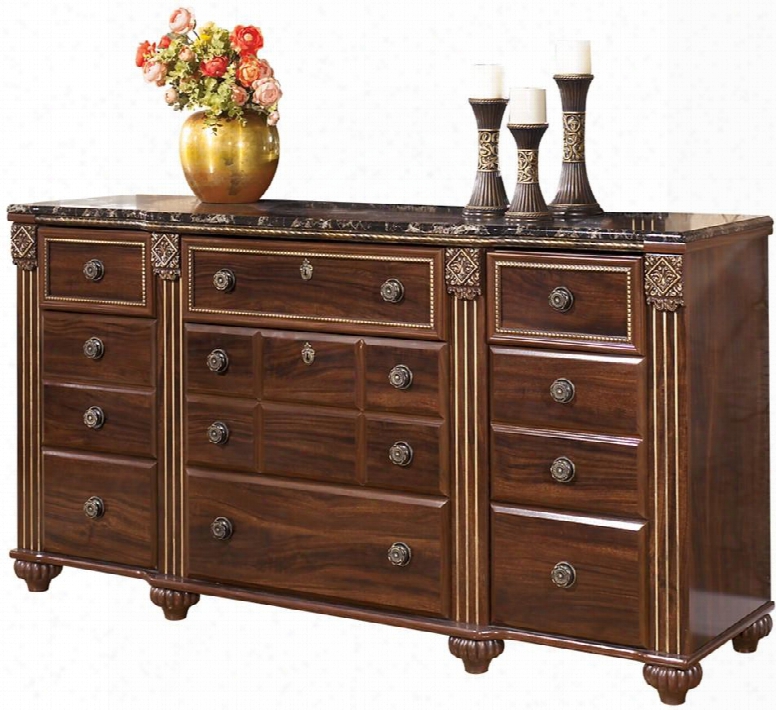 Gabriela B347-3170" 9-drawer Dresser With Fluted Bun Feet Faux Marble Top Ornate Handles And Beading Details In Dark Reddish