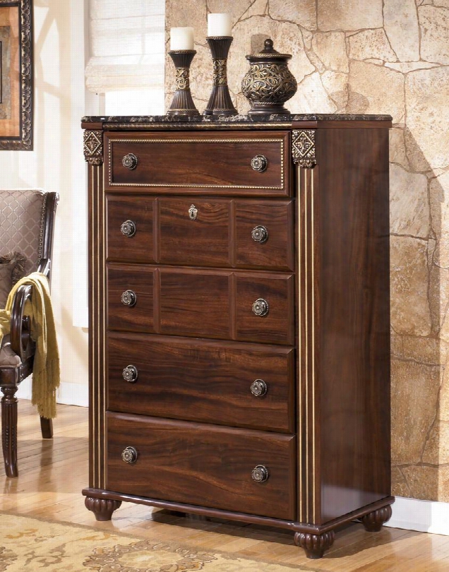 Gabriela B347-46 36" 5-drawer Chest With Fluted Bun Feet Faux Marble Top Ornate Handles And Beading Details In Dark Reddish