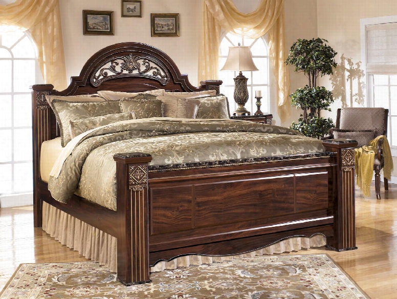 Gabriela B347-68/66/99 King Size Poster Bed With Faux Marble Accents Bead Details Nad Carvings In Dark Reddish Brown Color With Replicated Mahogany Grain