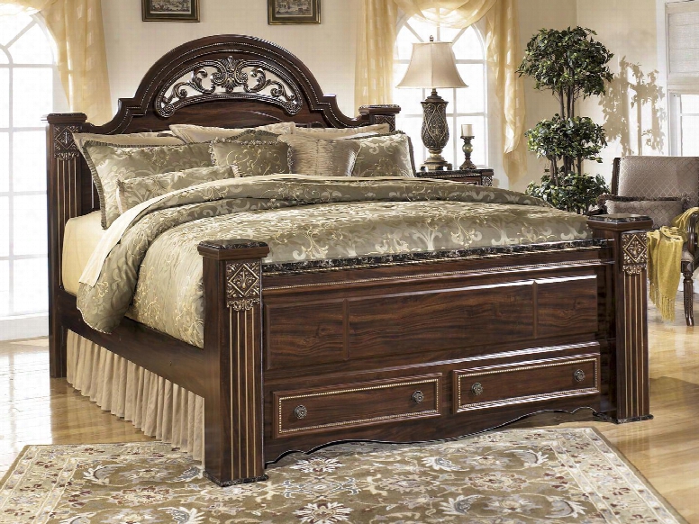 Gabriela B347-70/68/66s/99 King Size Poster Bed With Footboard Drawers Side Roller Glides Faux Marble Accents And Carved Detailing In Dark Reddish