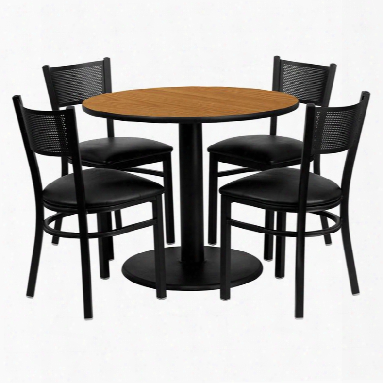 Md-0006-gg 36' Round Natural Laminate Table Set With Grid Back Metal Chair And Black Vinyl Seat Seats