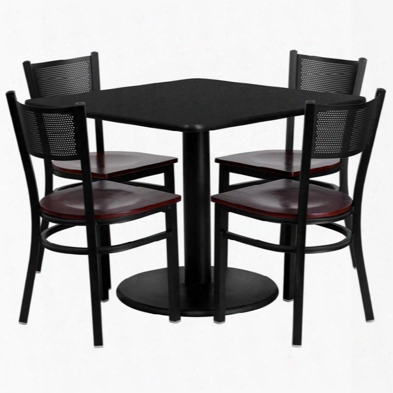 Md-0008-gg 36' Square Black Laminate Table Set With Grid Back Metal Chair And Mahogany Wood Seat Seats
