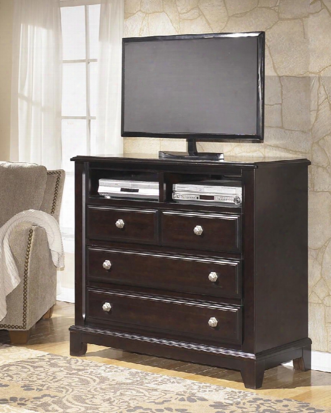 Ridgley B520-39 47" Media Chest With Satin Nickel Color Handles Top Compartments And Molding Details In Dark