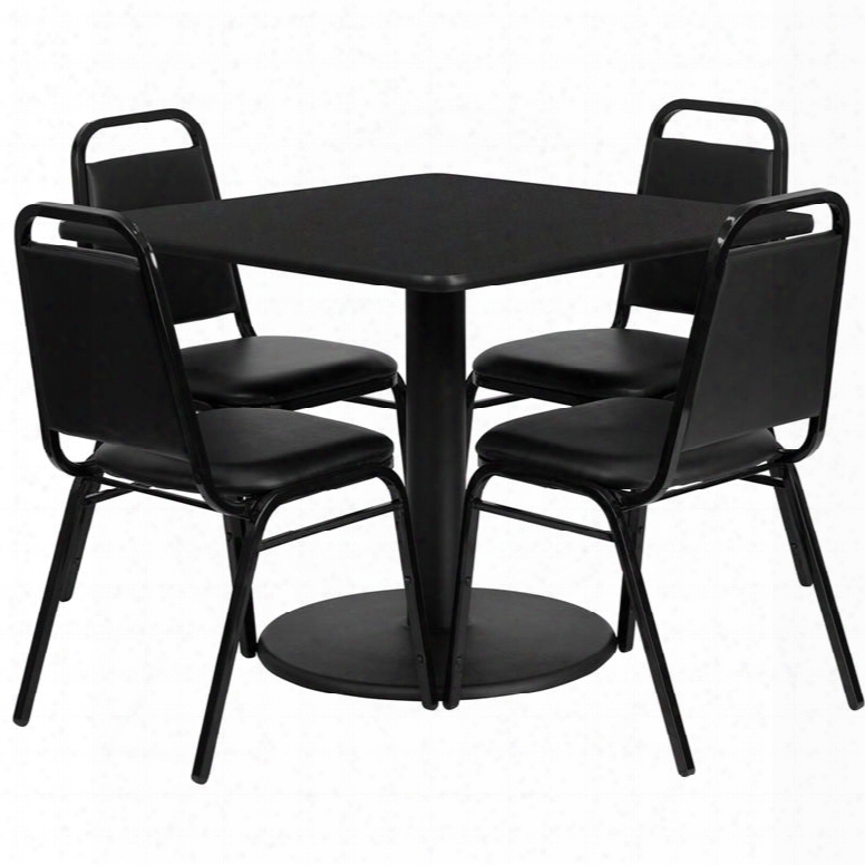 Rsrb1009-gg 36' Square Black Laminate Table Set With 4 Black Trapezoidal Back Banquet