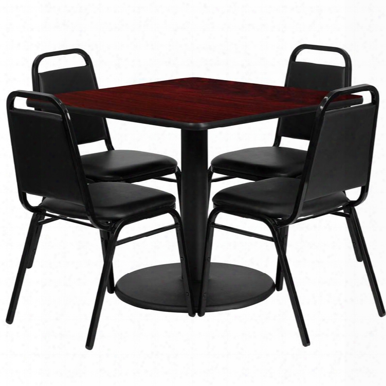 Rsrb1010-gg 36' Square Mahogany Laminate Table Set With 4 Black Trapezoidal Back Banquet