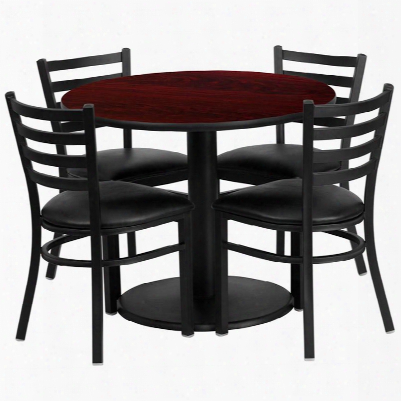 Rsrb1030-gg 36' Round Mahogany Laminate Table Set With 4 Ladder Back Metal Chairs - Black Vinyl