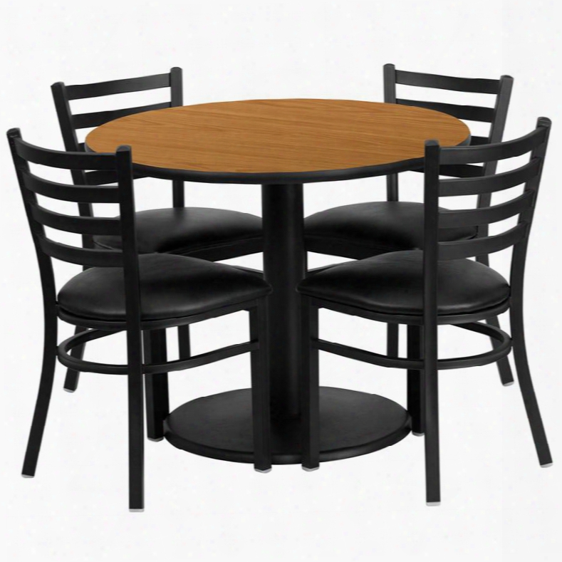 Rsrb1031-gg 36' Round Natural Laminate Table Set With 4 Ladder Back Metal Chairs - Black Vinyl