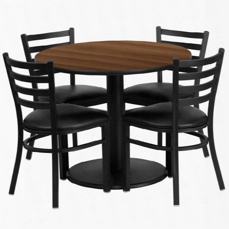 Rsrb1032-gg 36' Round Walnut Laminate Table Set With 4 Ladder Back Metal Chairs - Black Vinyl