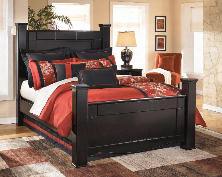 Shay B271-61/66/68/99 King Poster Bed With Swooping Shaped Base Rail Clean-line Design And Embossed Rectangular Shapes In An Almost Black