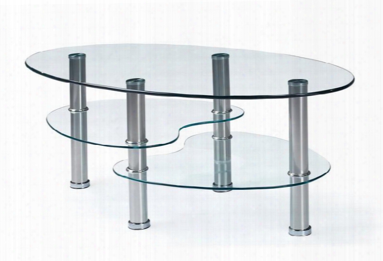 T664c Modern Clear Glass Top Coffee Table Two Open Shelves Four Tubular