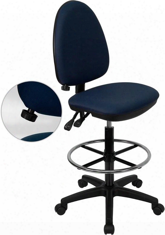 Wl-a654mg-nvy-d-gg Mid-back Navy Blue Fabric Multi-functional Drafting Stool With Adjustable Lumbar