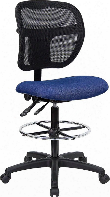 Wl-a7671syg-nvy-d-gg Mid-back Mesh Drafting Stool With Navy Blue Fabric