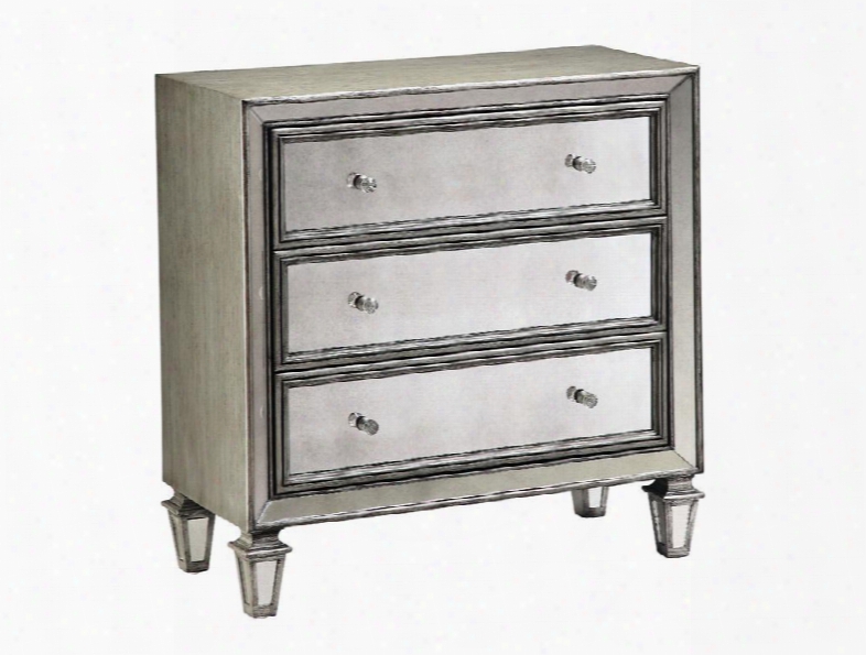 12133 Lana Accent Chest With Antique Mirror Three Storage Drawers Cut-crystal Hardware Mitered Corners Hand-painted Silver Gray Finish And Timeless