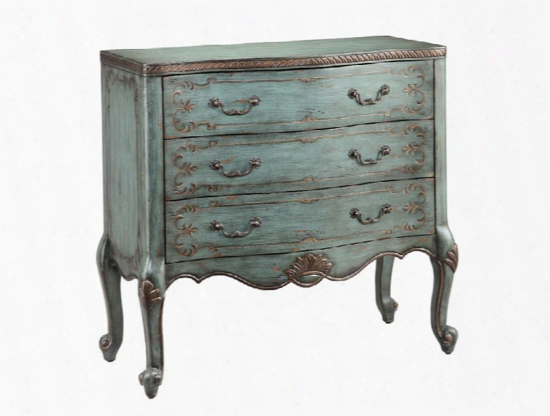 12156 Freya Three-drawer Chest With Vintage-inspired Hardware Details Twist Carving Along Its Top And Turquoise Hand-painted Finish With Understated Copper