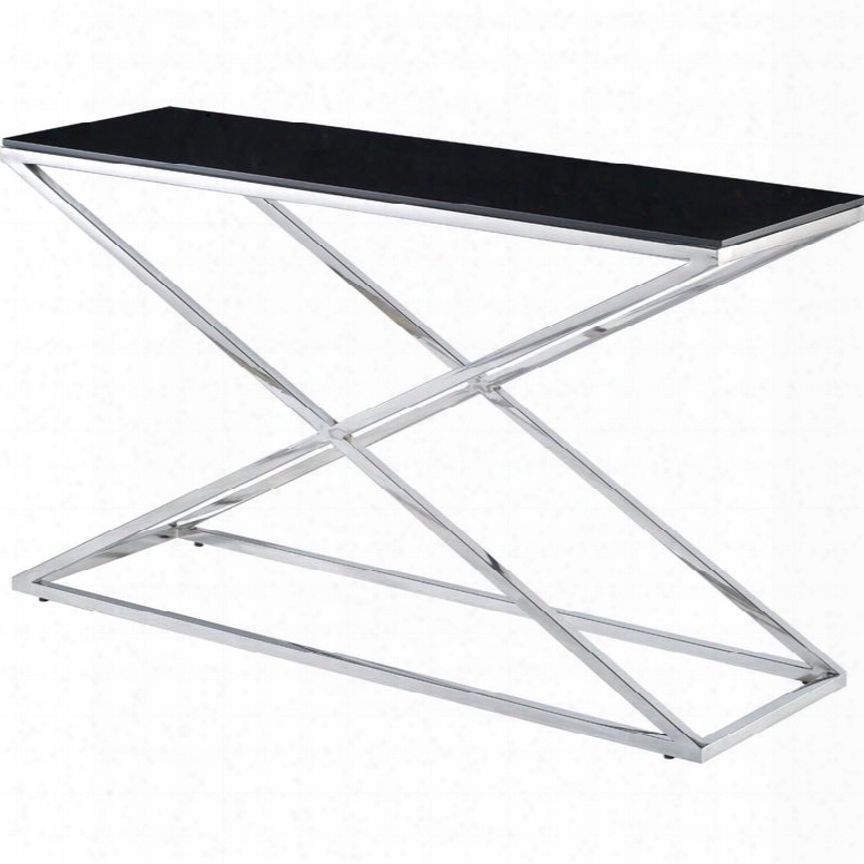 20804-03-bl 16" Wide Excel Rectangle Console Table With Black Glass Top On Polished Stainless Steel Base 1/2" Thick Lay-on Black Glass Top "x" Base