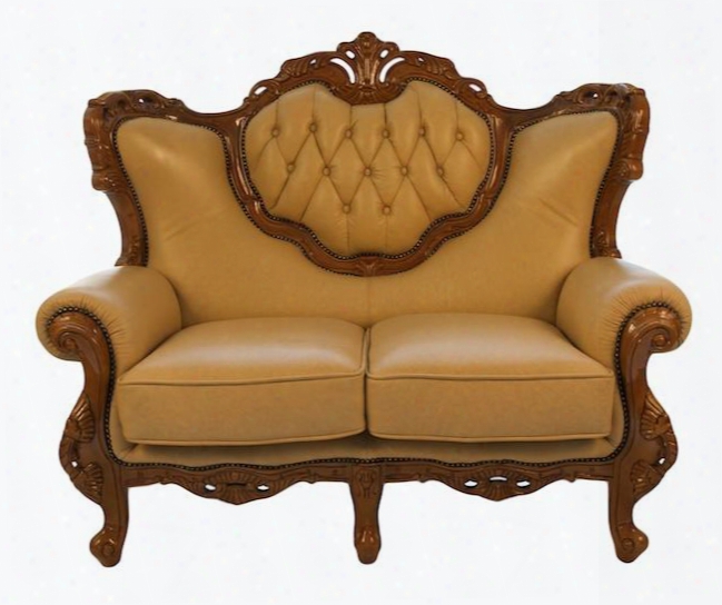 2118khakil Traditional Style Loveseat With Hand Carved Glossy Wood Frame Exquisite Details And Genuine Italian Leather Upholstery In