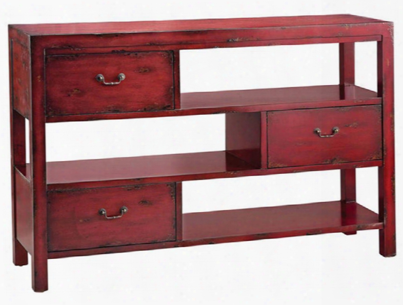 28272 Maris Offset Console With Three Drawers Open Shelving And Square Legs In Hand Painted Aged Red