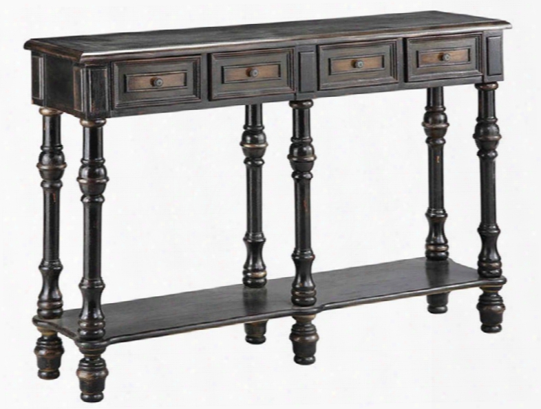 28314 Brownstone Console With Four Drawers Six Turned Post Legs Lower Stor Age Shelf Hand Painted Textured Black/brown