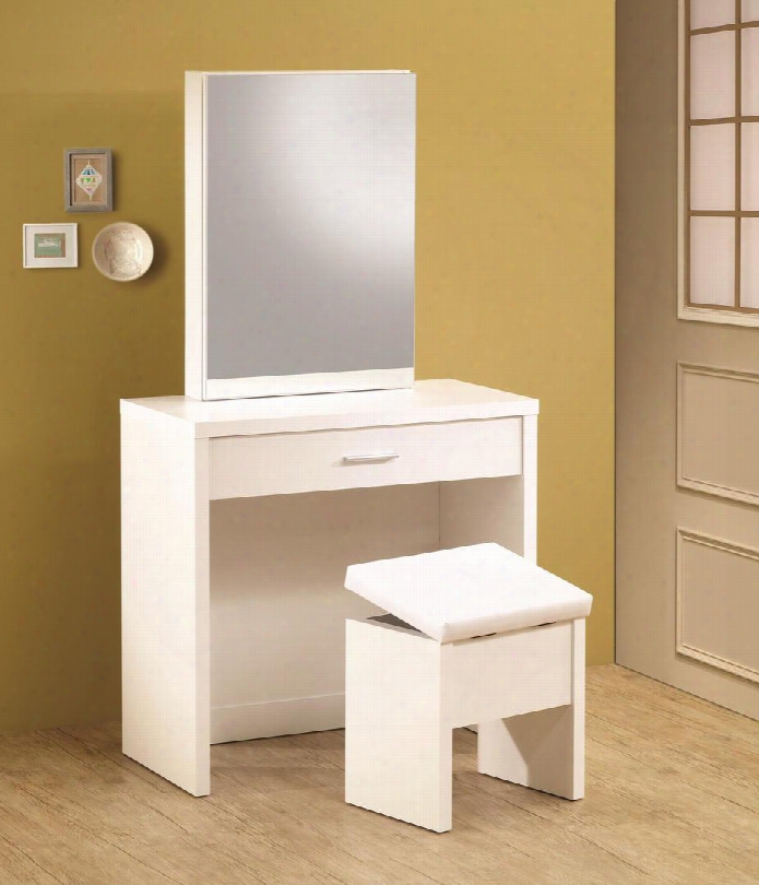 300290 Vanity With Drawer Hidden Mirror Storage And Lift-top Stool In White