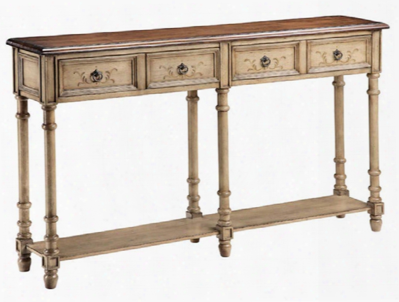 57331 Gentry Console Table With Distressed Solid Wood Top Antique Dusty Linen Finish Lower Storage Shelf And Turned