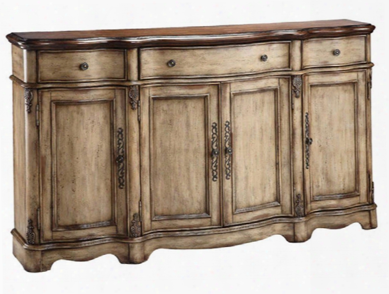 57332 Gentry Credenza With Curved Silhouette 4 Doors And 3 Drawers And Hand Painted Aged Textured Creamy