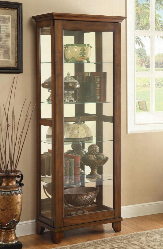950188 75" Curio Cabinet With 5 Glass Shelves Mirrored Back And Tapered Legs In Warm Brown