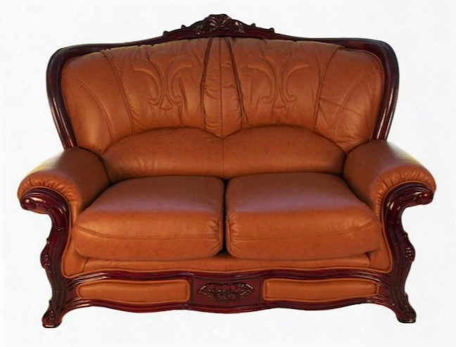 989brownl Traditional Style Loveseat With Mahogany Wood Finish Hand Carved Wooden Frames And Genuine Italian Leather In Light