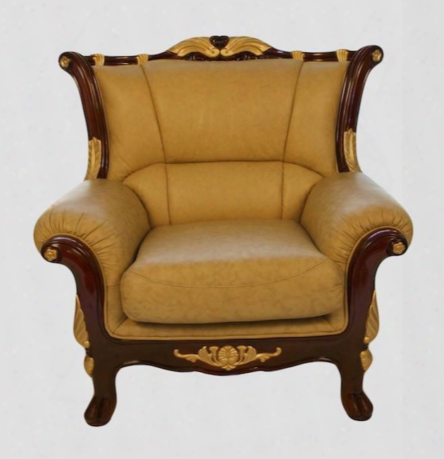 992c Traditional Style Chair With Genuine Italian Leather Upholstery In Khaki Hand Carved Wooden Frame In High Gloss Mahogany Finish And Gold Leaf