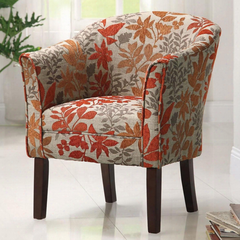 Accent Seating 460407 28" Accent Chair With Autumn Leaves Print Barrel Back Design Flared Arms Tapered Legs And Fabric Upholstery In Multi