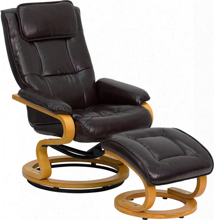 Bt-7615-bn-curv-gg Contemporary Brown Leather Recliner And Ottoman With Swiveling Maple Wood