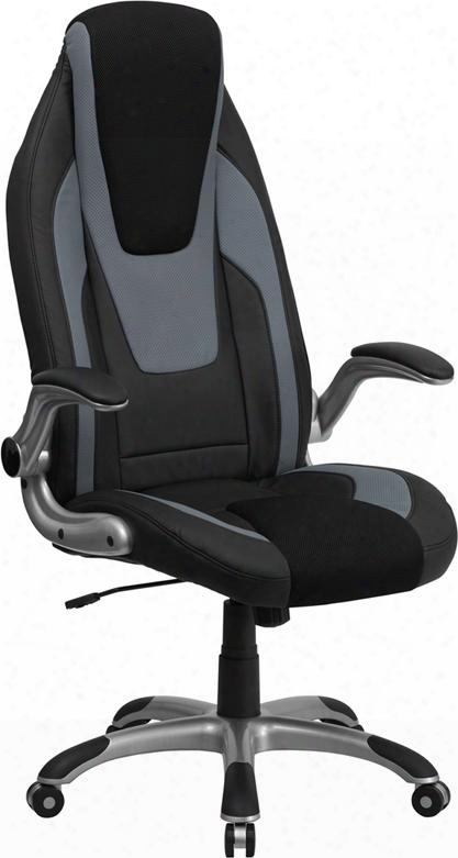 Ch-cx0326h02-gg High Back Black & Gray Vinyl Executive Office Chair With Black Mesh Insets And Flip Up