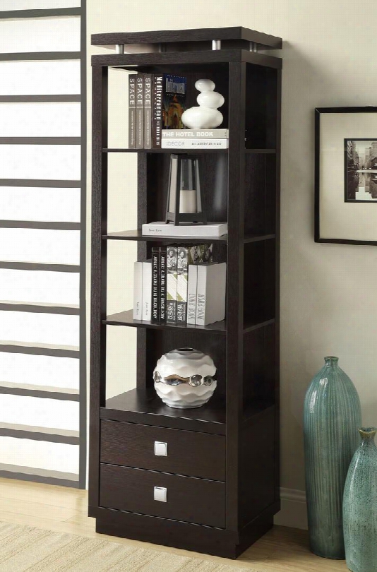 Entertainment Units Collection 800354 74" Tall Media Tower With 2 Drawers 4 Shelves Square Metal Hardware And Wood Construction In Cappuccino