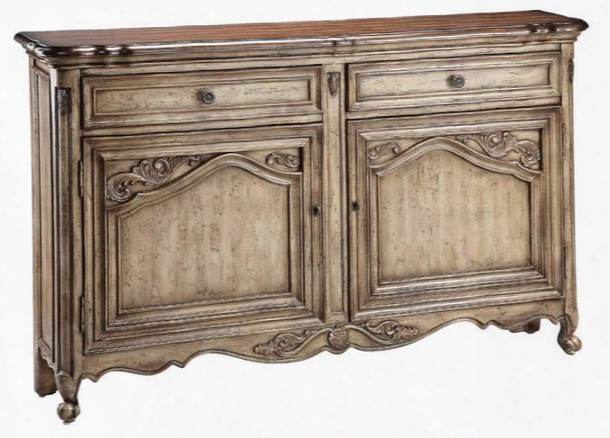 Gentry 57333 60" Sideboard With Distressed Solid Wood Top  In A Hand Painted Aged Textured Creamy