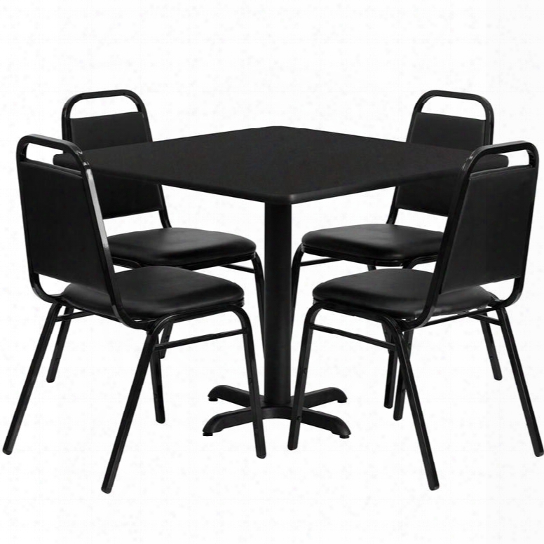 Hdbf1009-gg 36' Square Bla Ck Laminate Table Set By The Side Of Black Trapezoidal Back Banquet Chairs Seats