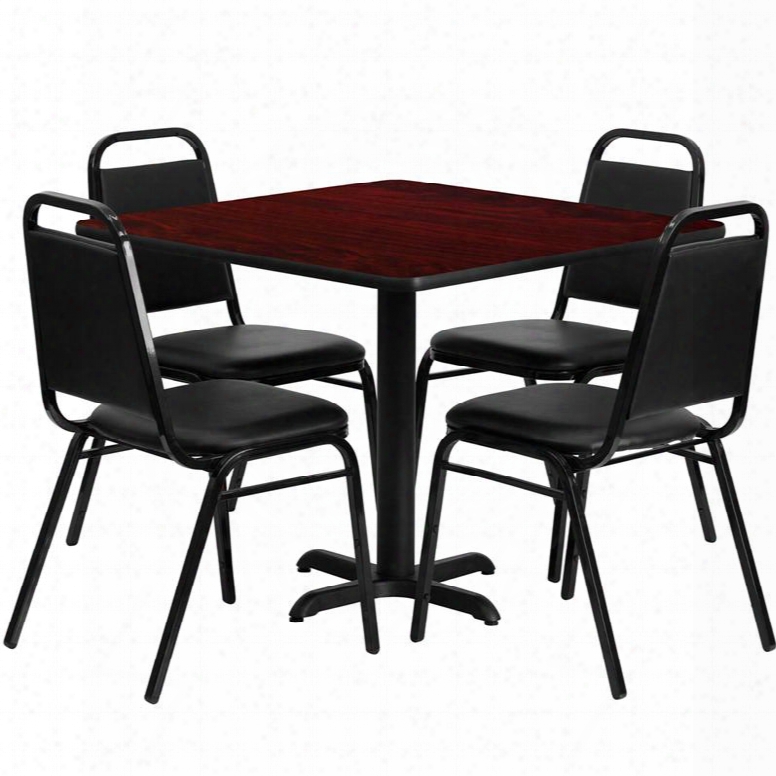 Hdbf1010-gg 36' Square Mahogany Laminate  Table Set With Black Trapezoidal Back Banquet Chairs Seats